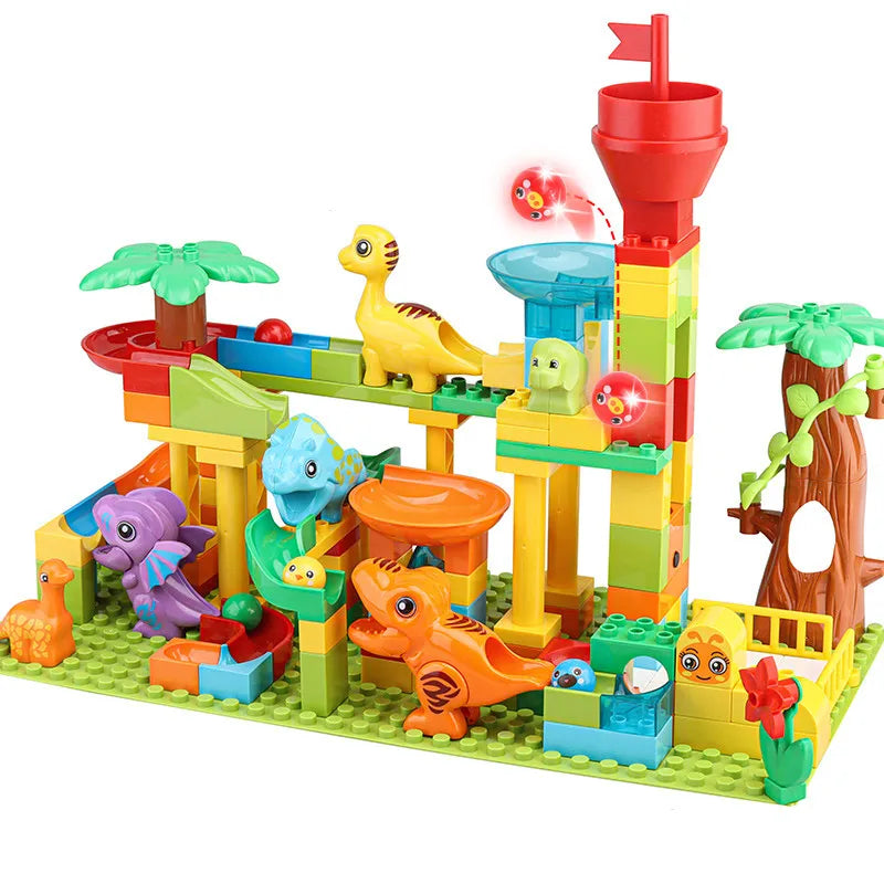 Large Marble Run Electric Spiral Lift Windmill Wheel Roller Coaster Paino Slide Dino Track Parts Compatible Building Blocks Toy
