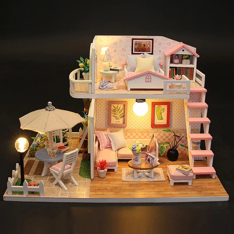 3D Puzzle Building Model Kit Wooden Miniature Doll House With LED Lights Assembled DollHouses Home Decoration Birthday Gifts