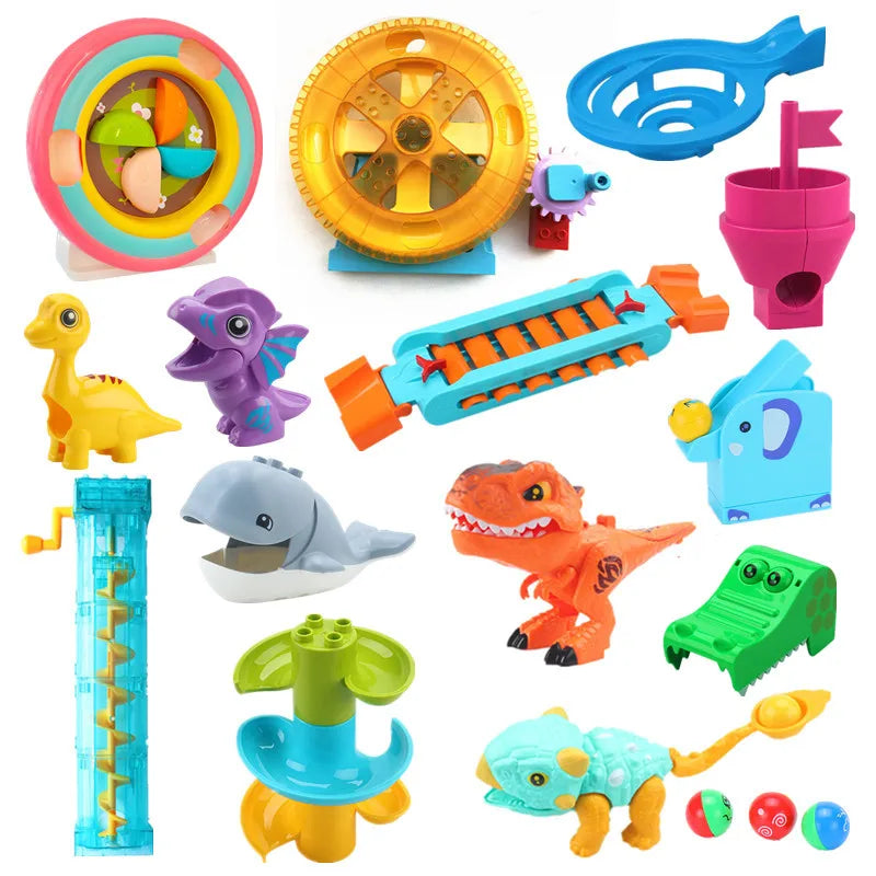Large Marble Run Electric Spiral Lift Windmill Wheel Roller Coaster Paino Slide Dino Track Parts Compatible Building Blocks Toy