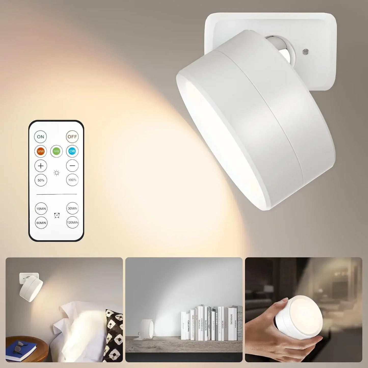 Magnetic LED Wall Light Rechargeable Reading Lights 360° Rotation Touch Remote Control Cabinet Spotlight Night Lamp