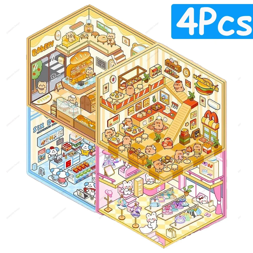 3D DIY Stickers Korean Style Cartoon Landscape Stickers Miniature Cabin Scene Stacking Pasting Hand Account Gift for Kid Child