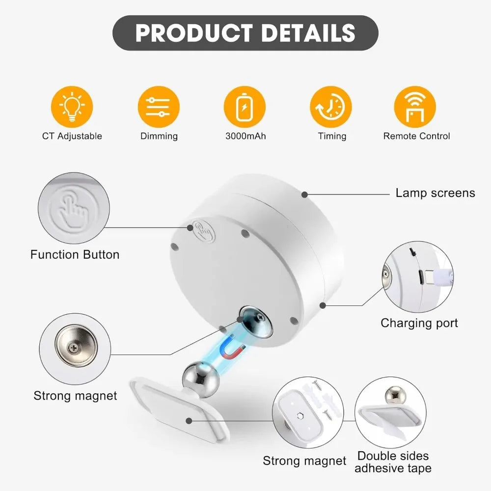 Magnetic LED Wall Light Rechargeable Reading Lights 360° Rotation Touch Remote Control Cabinet Spotlight Night Lamp