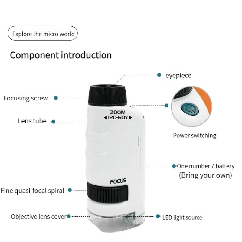 Pocket Microscope Kids Science Toy Kit 60-120x Educational Mini Handheld Microscope with LED Light Outdoor Children Stem Toy