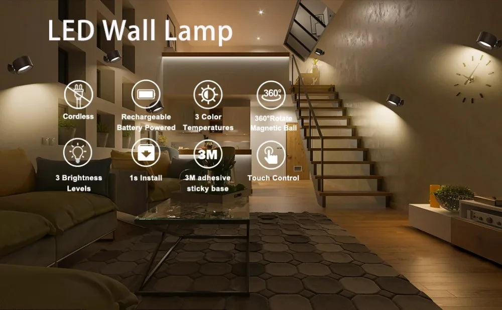 Magnetic LED Wall Light Rechargeable Reading Lights 360° Rotation Touch Remote Control Cabinet Spotlight Night Lamp