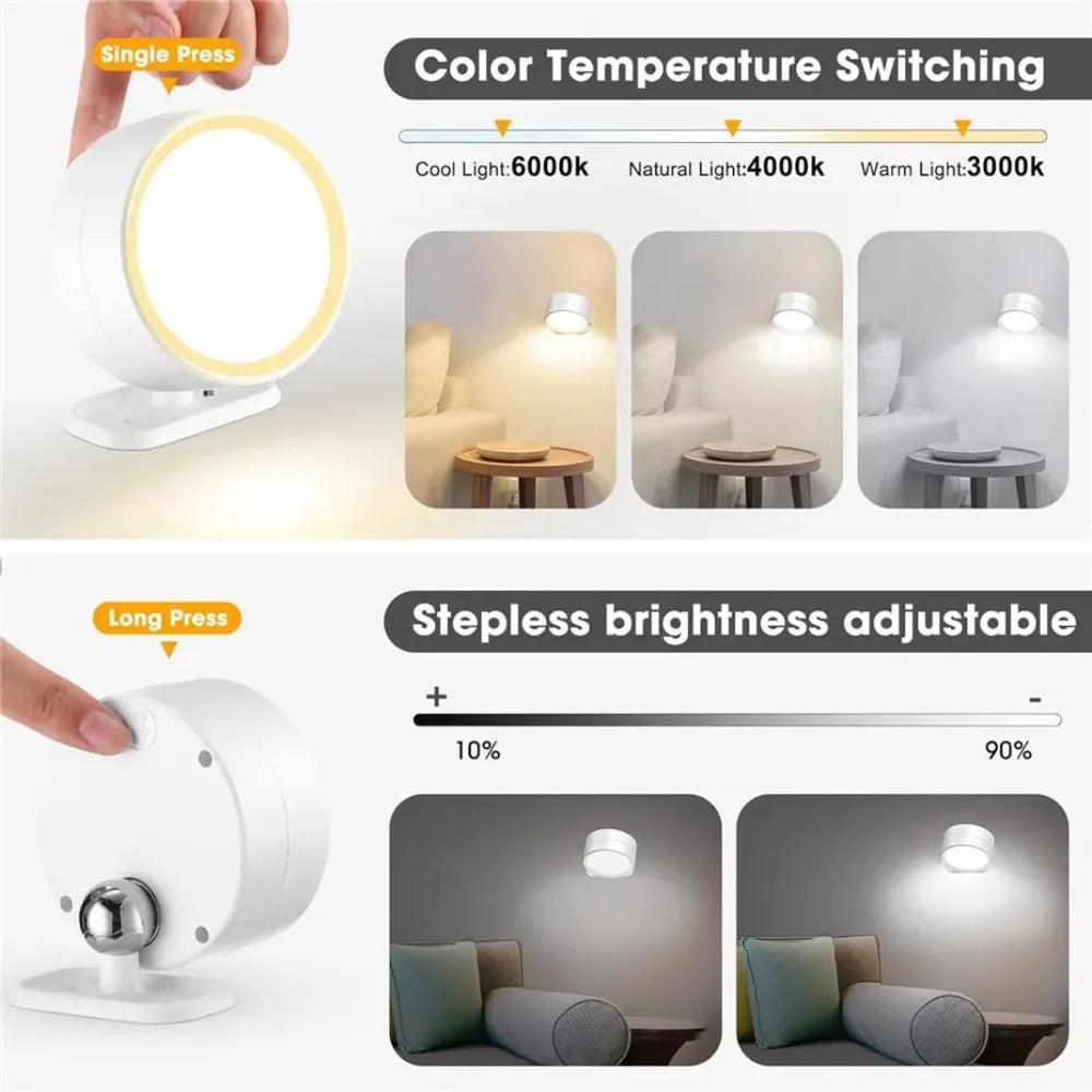 Magnetic LED Wall Light Rechargeable Reading Lights 360° Rotation Touch Remote Control Cabinet Spotlight Night Lamp