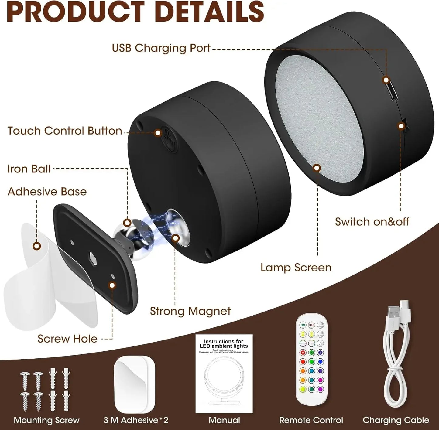Magnetic LED Wall Light Rechargeable Reading Lights 360° Rotation Touch Remote Control Cabinet Spotlight Night Lamp