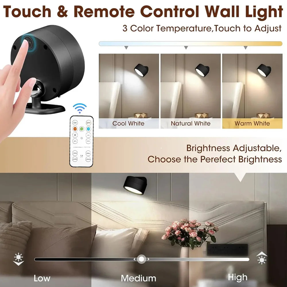 Magnetic LED Wall Light Rechargeable Reading Lights 360° Rotation Touch Remote Control Cabinet Spotlight Night Lamp