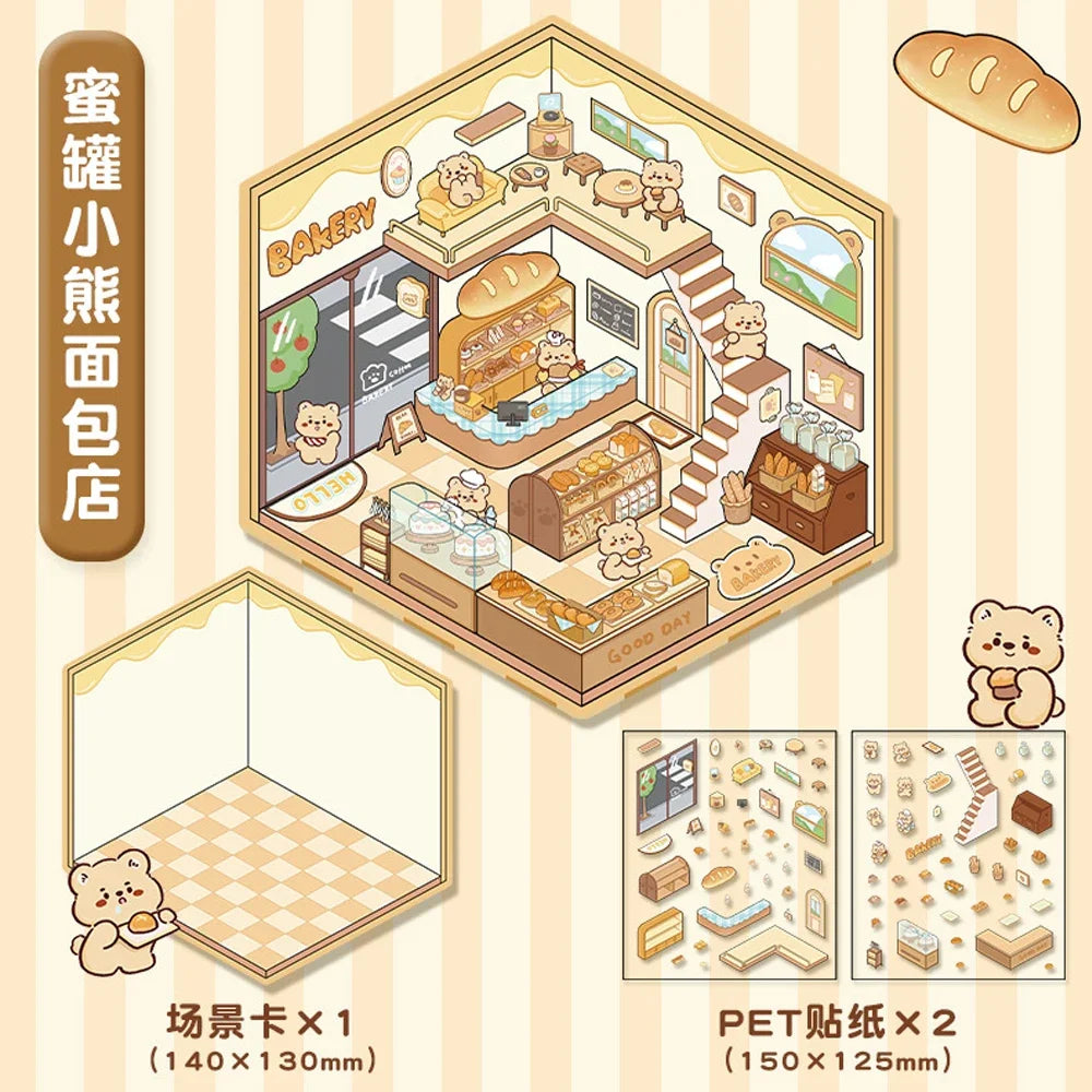 3D DIY Stickers Korean Style Cartoon Landscape Stickers Miniature Cabin Scene Stacking Pasting Hand Account Gift for Kid Child