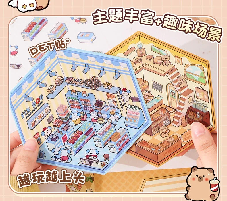 3D DIY Stickers Korean Style Cartoon Landscape Stickers Miniature Cabin Scene Stacking Pasting Hand Account Gift for Kid Child