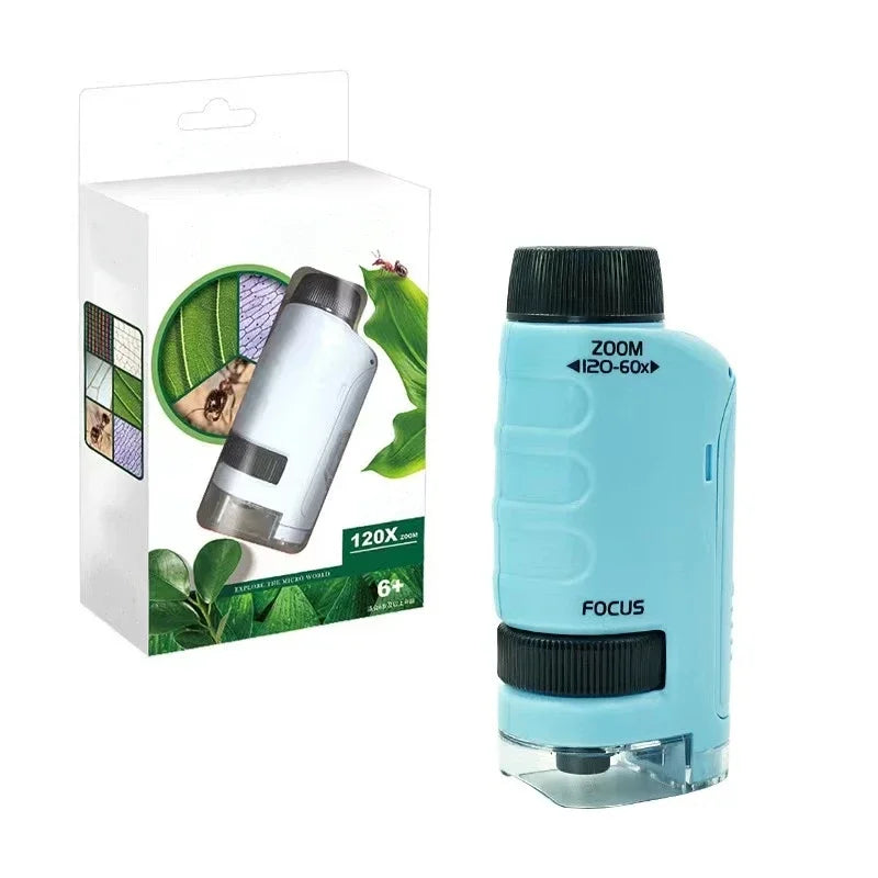 Pocket Microscope Kids Science Toy Kit 60-120x Educational Mini Handheld Microscope with LED Light Outdoor Children Stem Toy