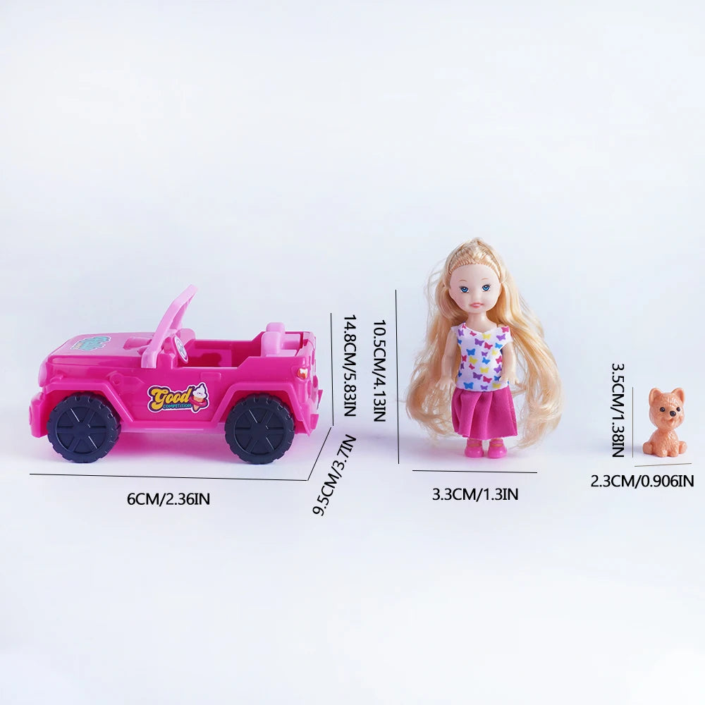 Mini Fashion Girl Doll With Pet Dog Travel Convertible Car Toy