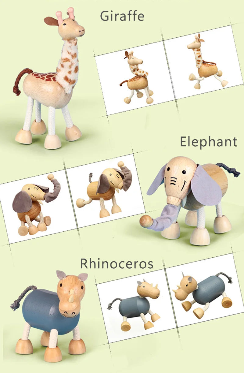 Wooden Action Toy Figures Simulation Animal Movable Joint Model Doll Elephant Monkey Giraffe Lion Educational Toys For Children