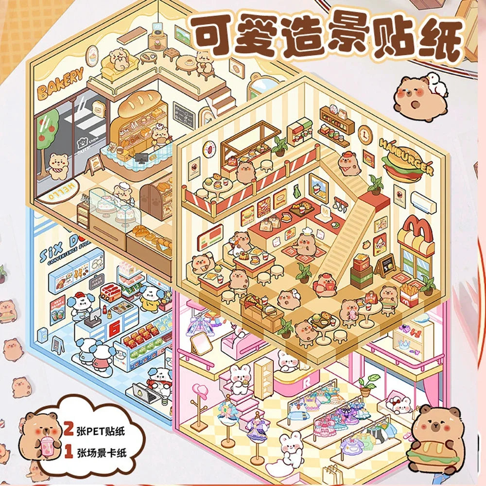 3D DIY Stickers Korean Style Cartoon Landscape Stickers Miniature Cabin Scene Stacking Pasting Hand Account Gift for Kid Child