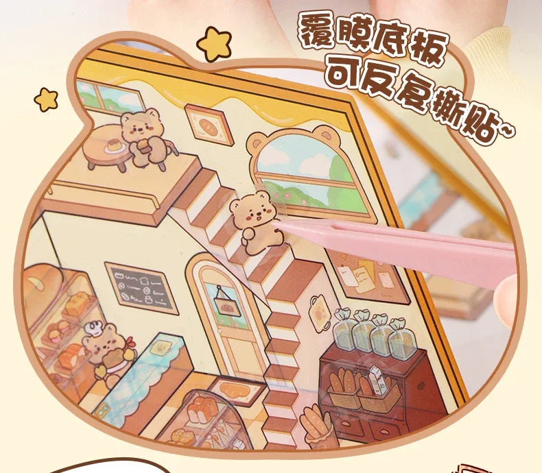 3D DIY Stickers Korean Style Cartoon Landscape Stickers Miniature Cabin Scene Stacking Pasting Hand Account Gift for Kid Child
