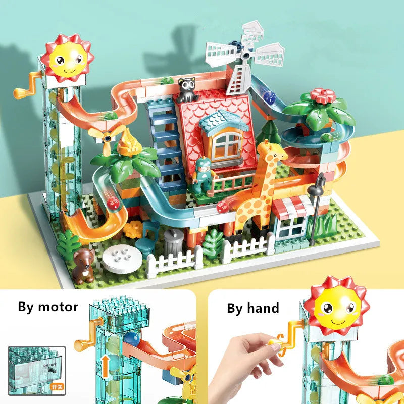 Large Marble Run Electric Spiral Lift Windmill Wheel Roller Coaster Paino  Slide Dino Track Parts Compatible Building Blocks Toy