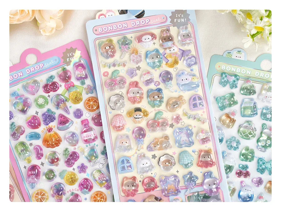 3D Embossed Stickers for Girls - Cute Cartoon Ice Cream/Fruit/Animal - Journal Decor Decals  kawaii