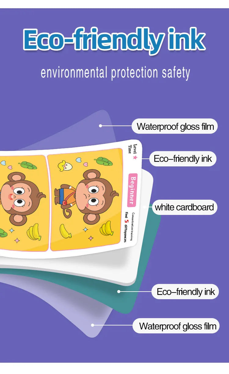 Find Differences Card Game Reusable Cartoon Educational Puzzle for Kids Three Difficulty Levels for Focus Attention Training