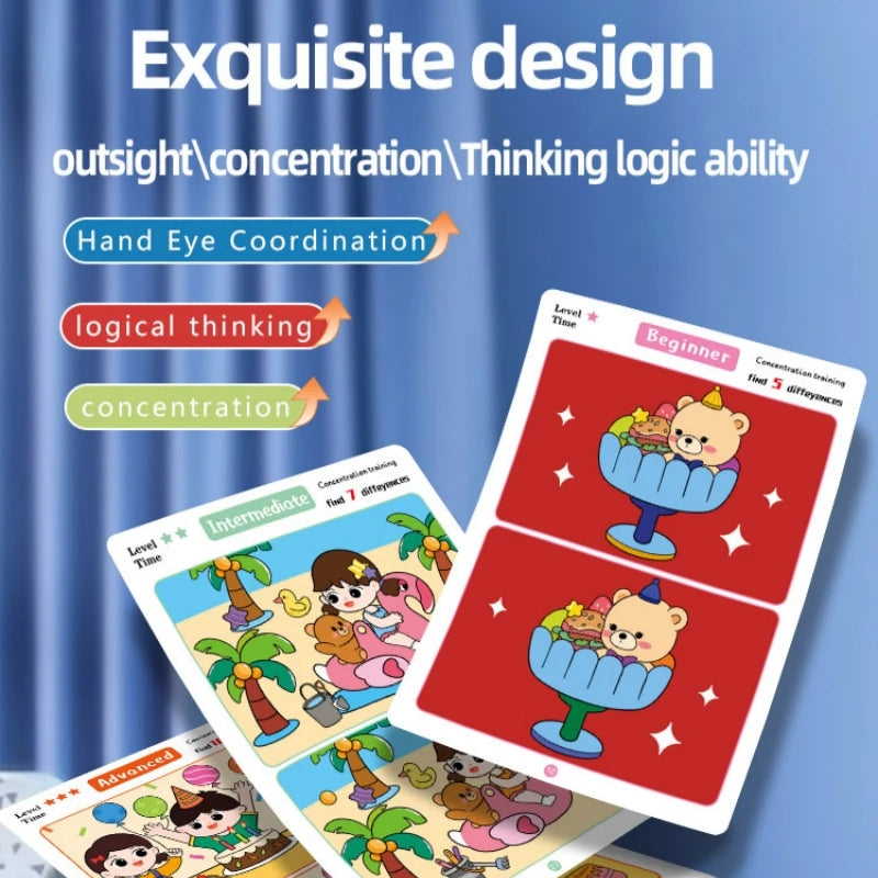 Find Differences Card Game Reusable Cartoon Educational Puzzle for Kids Three Difficulty Levels for Focus Attention Training