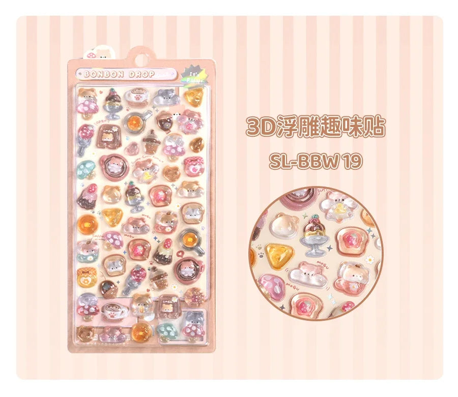 3D Embossed Stickers for Girls - Cute Cartoon Ice Cream/Fruit/Animal - Journal Decor Decals  kawaii
