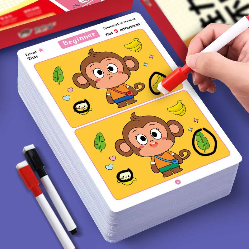 Find Differences Card Game Reusable Cartoon Educational Puzzle for Kids Three Difficulty Levels for Focus Attention Training
