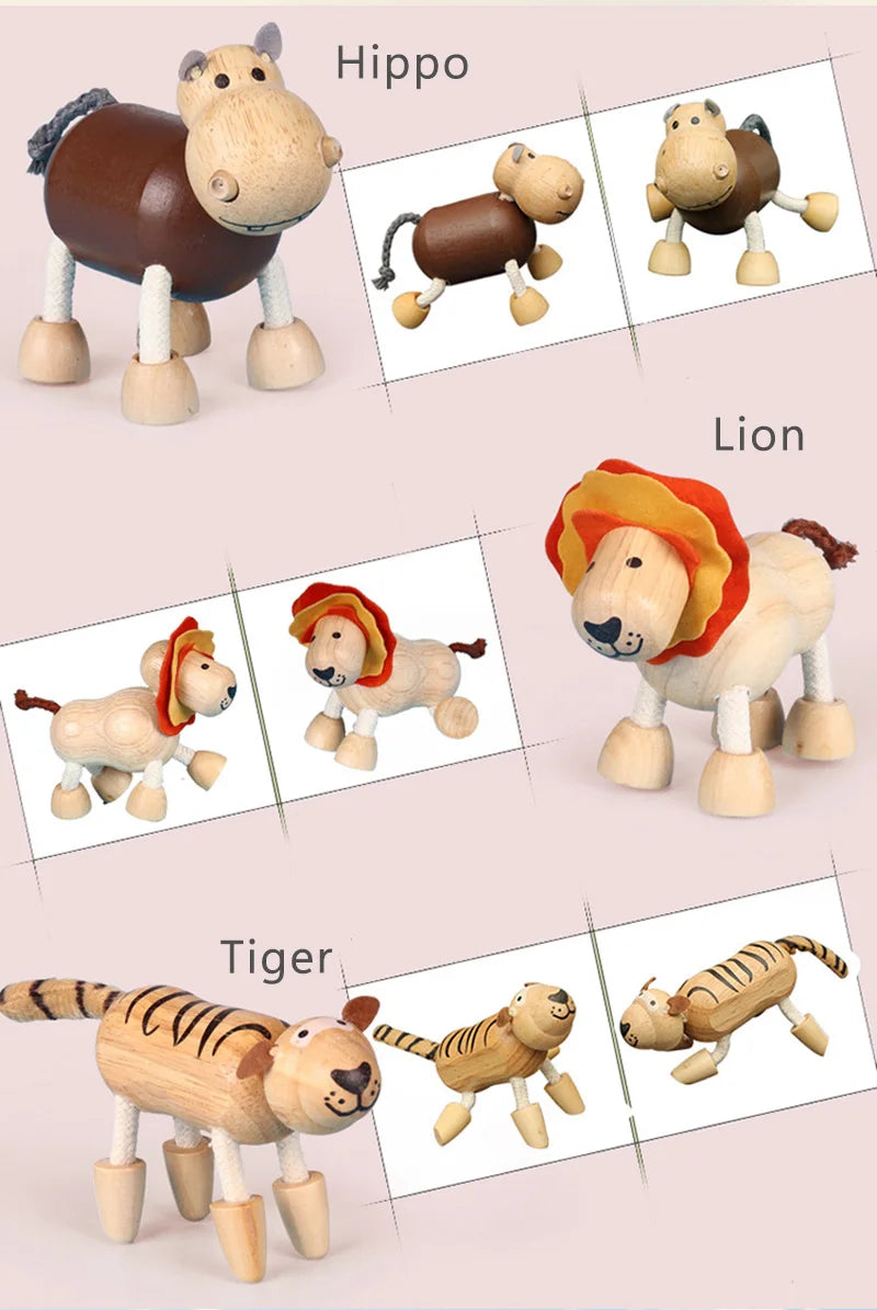 Wooden Action Toy Figures Simulation Animal Movable Joint Model Doll Elephant Monkey Giraffe Lion Educational Toys For Children