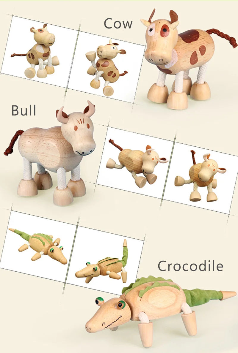 Wooden Action Toy Figures Simulation Animal Movable Joint Model Doll Elephant Monkey Giraffe Lion Educational Toys For Children
