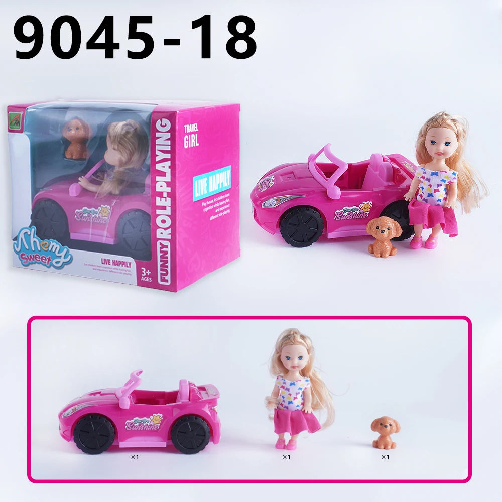Mini Fashion Girl Doll With Pet Dog Travel Convertible Car Toy
