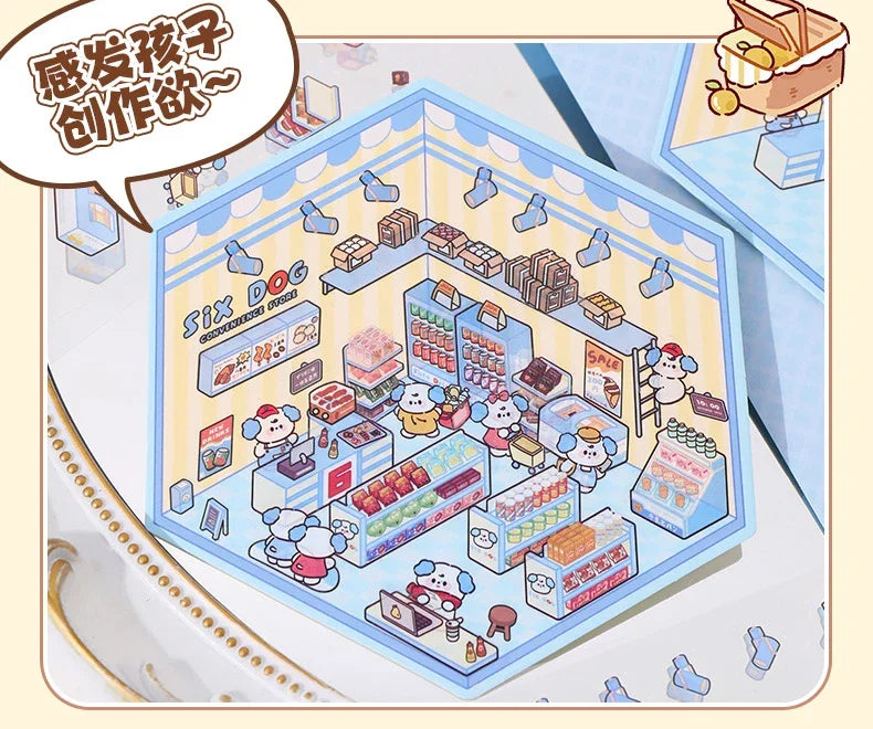 3D DIY Stickers Korean Style Cartoon Landscape Stickers Miniature Cabin Scene Stacking Pasting Hand Account Gift for Kid Child