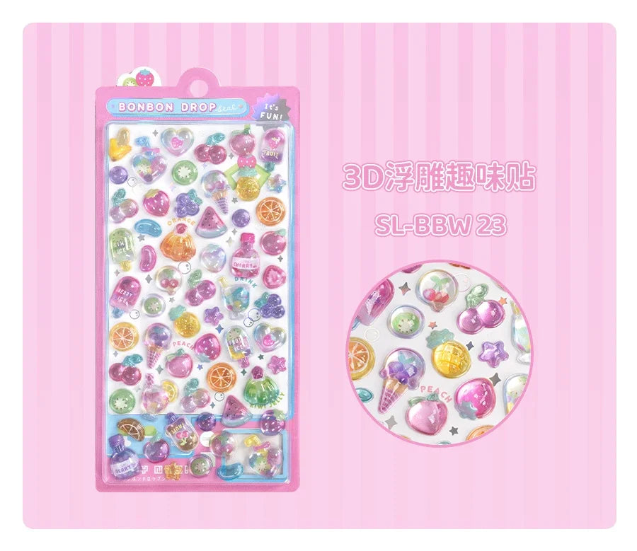 3D Embossed Stickers for Girls - Cute Cartoon Ice Cream/Fruit/Animal - Journal Decor Decals  kawaii