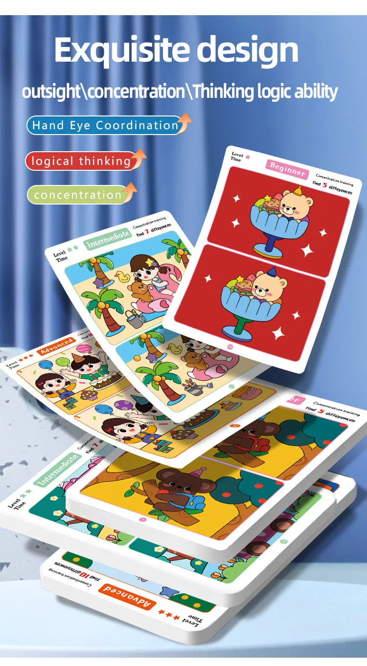 Find Differences Card Game Reusable Cartoon Educational Puzzle for Kids Three Difficulty Levels for Focus Attention Training