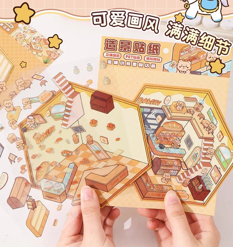 3D DIY Stickers Korean Style Cartoon Landscape Stickers Miniature Cabin Scene Stacking Pasting Hand Account Gift for Kid Child