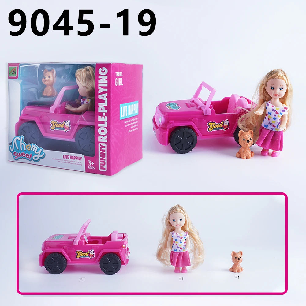 Mini Fashion Girl Doll With Pet Dog Travel Convertible Car Toy