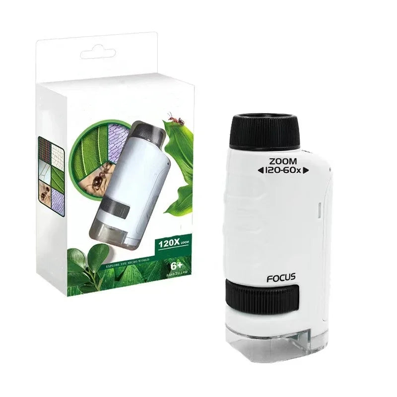 Pocket Microscope Kids Science Toy Kit 60-120x Educational Mini Handheld Microscope with LED Light Outdoor Children Stem Toy