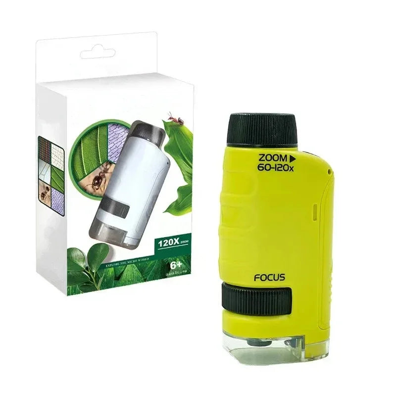 Pocket Microscope Kids Science Toy Kit 60-120x Educational Mini Handheld Microscope with LED Light Outdoor Children Stem Toy