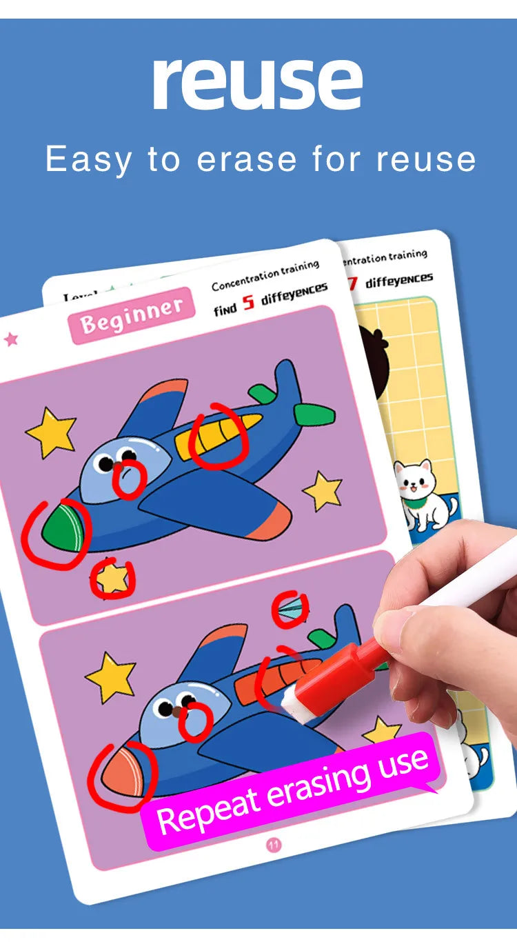 Find Differences Card Game Reusable Cartoon Educational Puzzle for Kids Three Difficulty Levels for Focus Attention Training