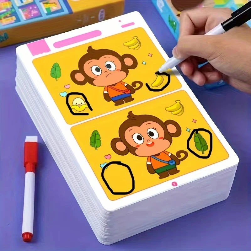 Find Differences Card Game Reusable Cartoon Educational Puzzle for Kids Three Difficulty Levels for Focus Attention Training