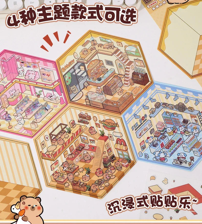 3D DIY Stickers Korean Style Cartoon Landscape Stickers Miniature Cabin Scene Stacking Pasting Hand Account Gift for Kid Child