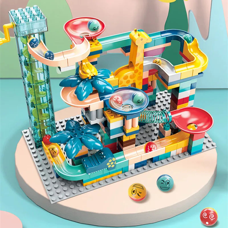 Large Marble Run Electric Spiral Lift Windmill Wheel Roller Coaster Paino  Slide Dino Track Parts Compatible Building Blocks Toy