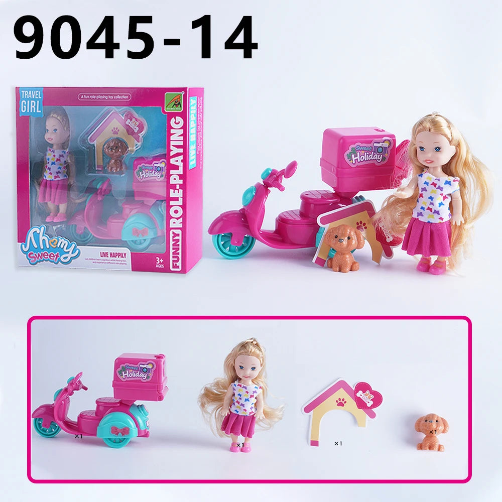 Mini Fashion Girl Doll With Pet Dog Travel Convertible Car Toy