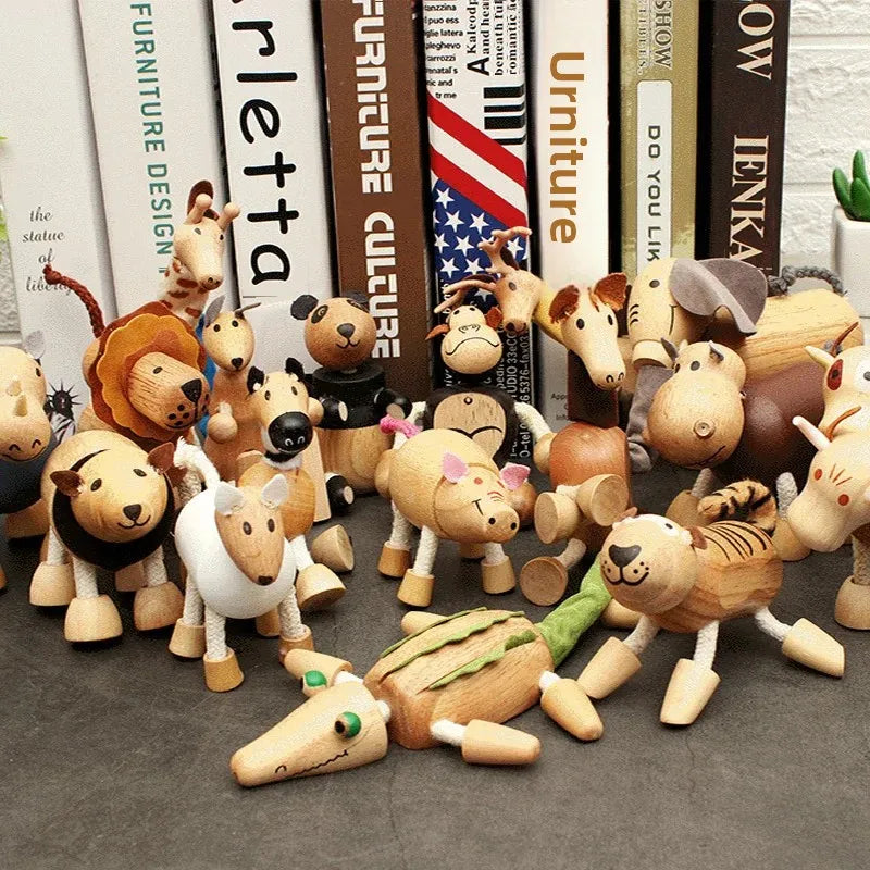 Wooden Action Toy Figures Simulation Animal Movable Joint Model Doll Elephant Monkey Giraffe Lion Educational Toys For Children
