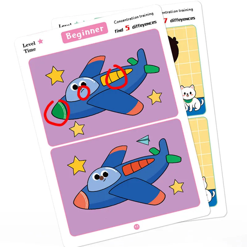 Find Differences Card Game Reusable Cartoon Educational Puzzle for Kids Three Difficulty Levels for Focus Attention Training