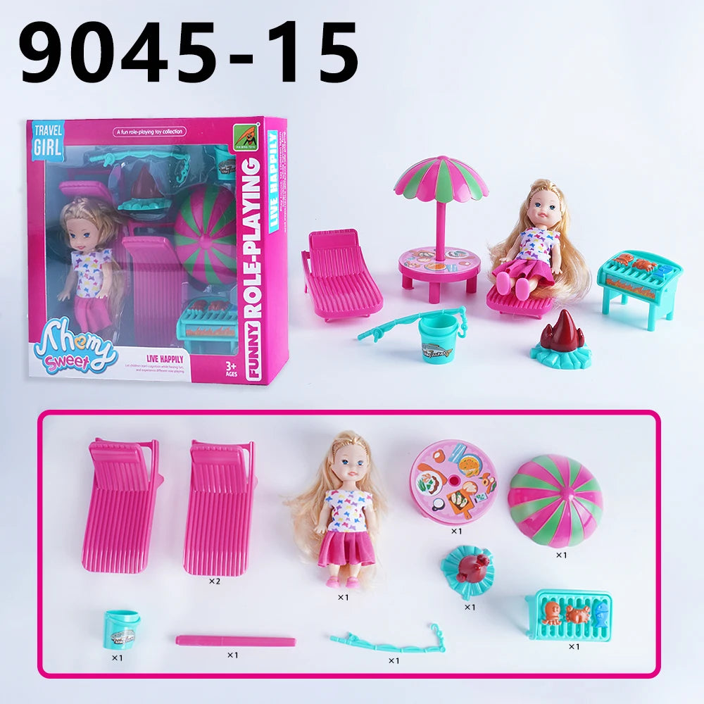 Mini Fashion Girl Doll With Pet Dog Travel Convertible Car Toy