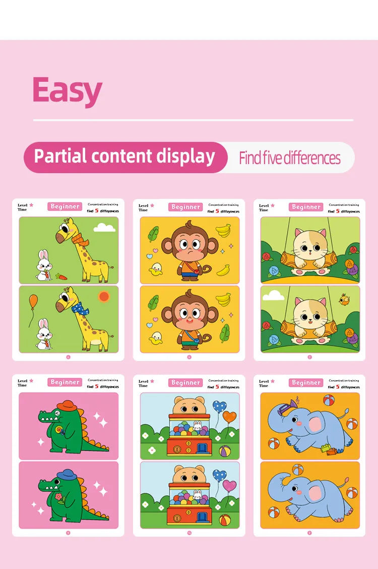 Find Differences Card Game Reusable Cartoon Educational Puzzle for Kids Three Difficulty Levels for Focus Attention Training