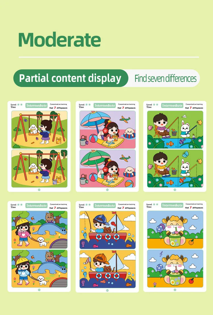 Find Differences Card Game Reusable Cartoon Educational Puzzle for Kids Three Difficulty Levels for Focus Attention Training
