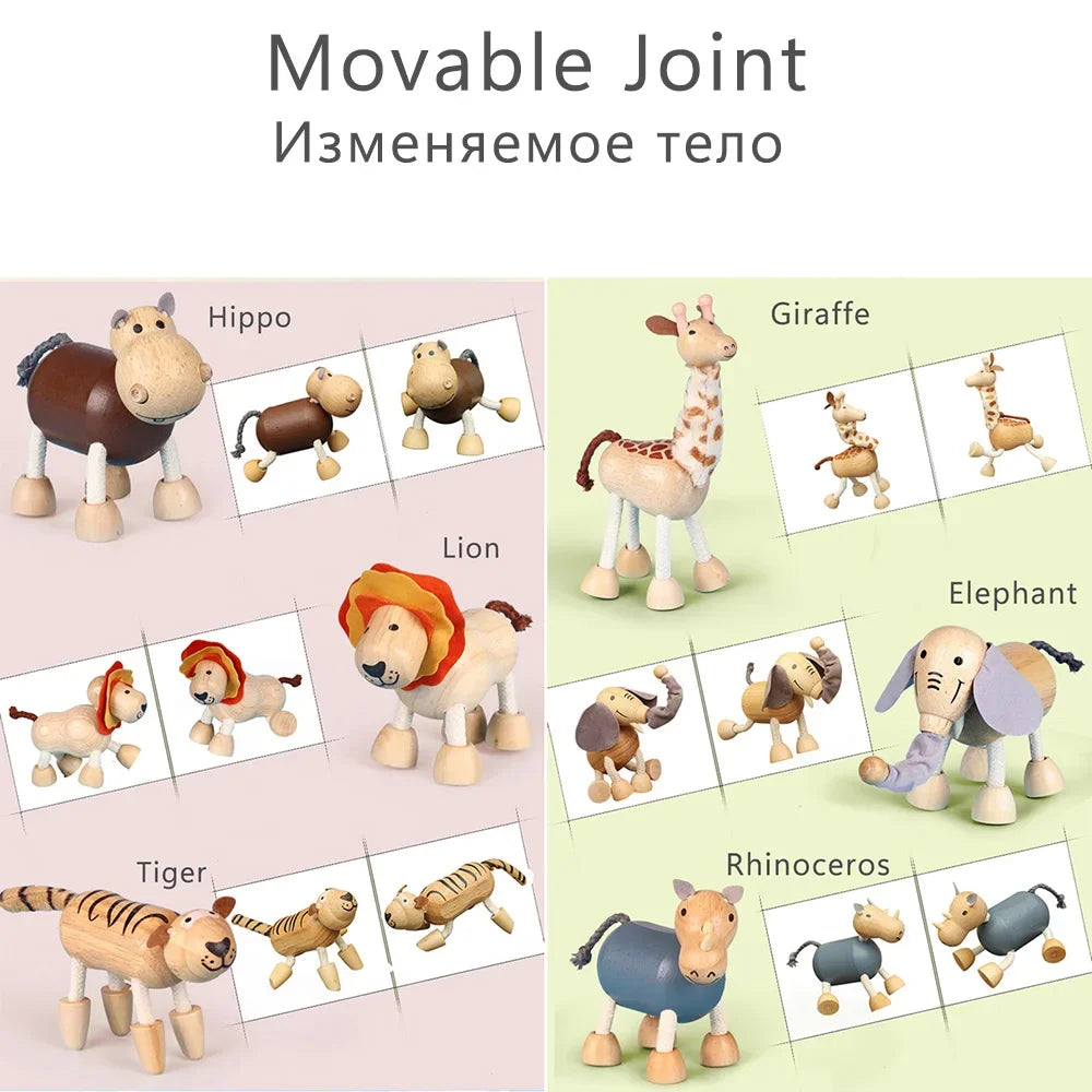Wooden Action Toy Figures Simulation Animal Movable Joint Model Doll Elephant Monkey Giraffe Lion Educational Toys For Children