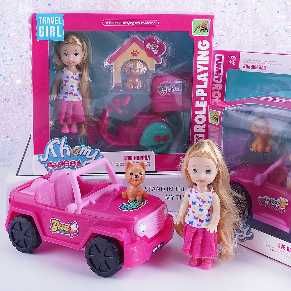 Mini Fashion Girl Doll With Pet Dog Travel Convertible Car Toy