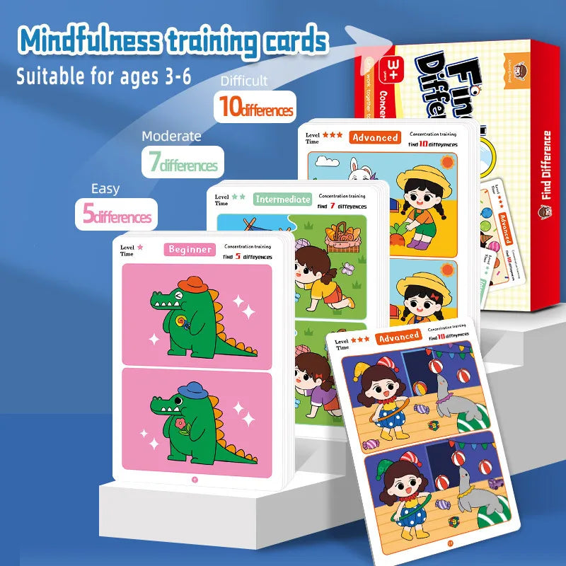 Find Differences Card Game Reusable Cartoon Educational Puzzle for Kids Three Difficulty Levels for Focus Attention Training