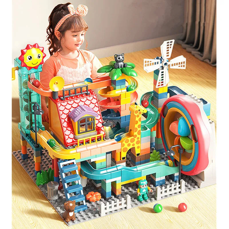 Large Marble Run Electric Spiral Lift Windmill Wheel Roller Coaster Paino  Slide Dino Track Parts Compatible Building Blocks Toy