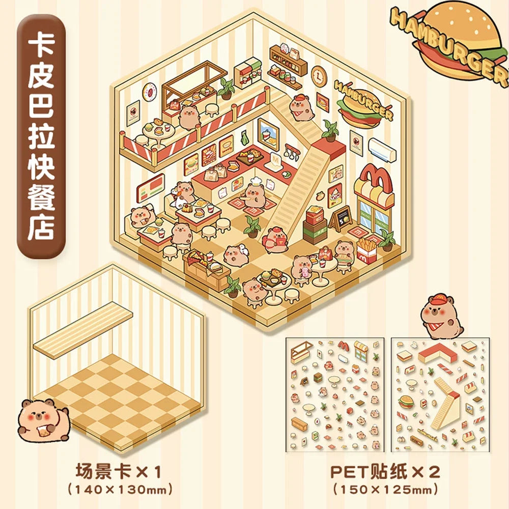 3D DIY Stickers Korean Style Cartoon Landscape Stickers Miniature Cabin Scene Stacking Pasting Hand Account Gift for Kid Child