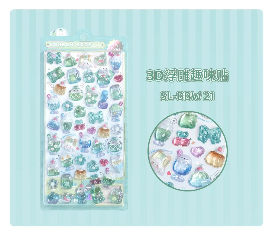 3D Embossed Stickers for Girls - Cute Cartoon Ice Cream/Fruit/Animal - Journal Decor Decals  kawaii